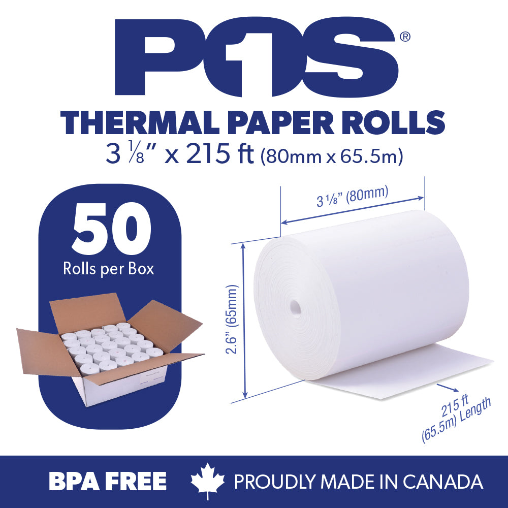 Thermal Paper 3 1/8 x 215 ft x 65mm CORELESS BPA Free 50 rolls