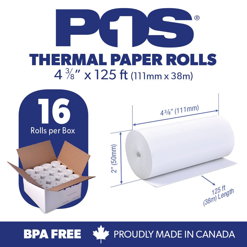 POS1 Thermal Paper 4 3/8 x 125 ft x 50mm CORELESS BPA Free 16 rolls